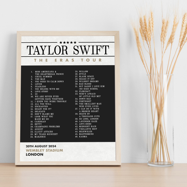 Taylor Swift - Concert Setlist Gig Poster Print Canvas Black Grey - Wembley London England - Aug 20 2024
