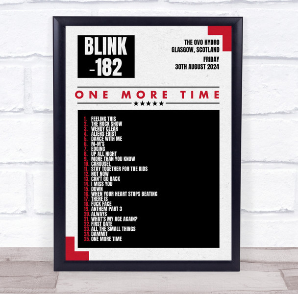 Blink-182 - Concert Setlist Gig Poster Print Canvas Grey Red - The OVO Hydro Glasgow Scotland - Aug 30th 2024