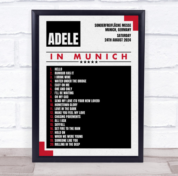 Adele - Concert Setlist Poster Print Canvas Grey Red - Sonderfreifläche Messe - Aug 24th 2024