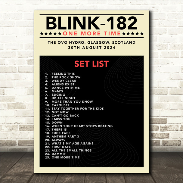 Blink-182 - Concert Setlist Gig Poster Print Canvas Mustard Black - The OVO Hydro Glasgow Scotland - Aug 30th 2024