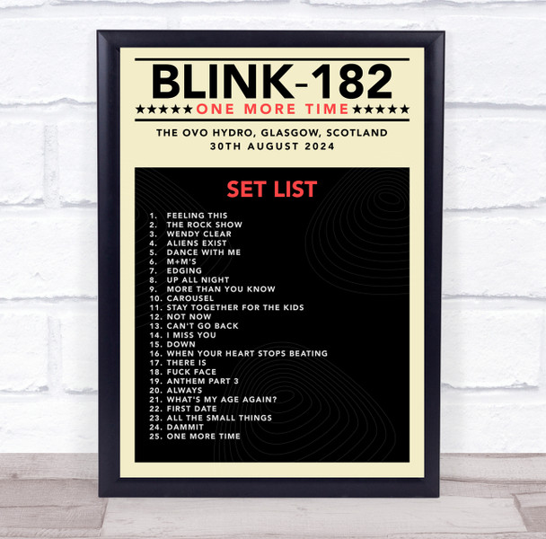 Blink-182 - Concert Setlist Gig Poster Print Canvas Mustard Black - The OVO Hydro Glasgow Scotland - Aug 30th 2024