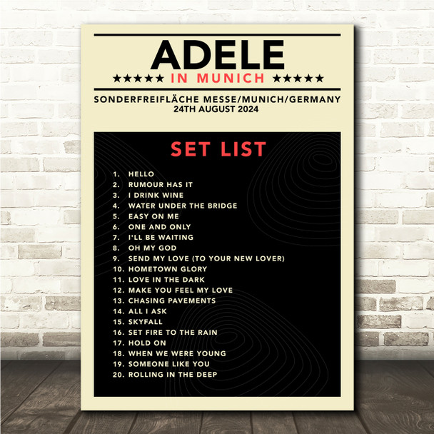 Adele - Concert Setlist Poster Print Canvas Mustard Black - Sonderfreifläche Messe - Aug 24th 2024