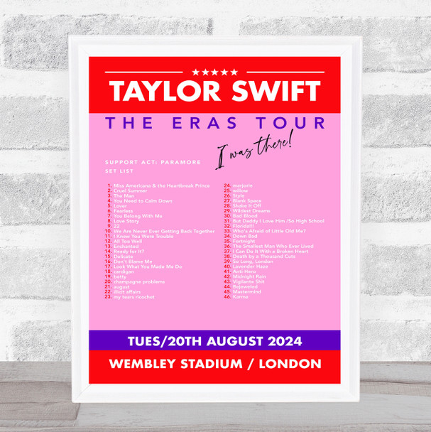 Taylor Swift - Concert Setlist Gig Poster Print Canvas Red Pink - Wembley London England - Aug 20 2024