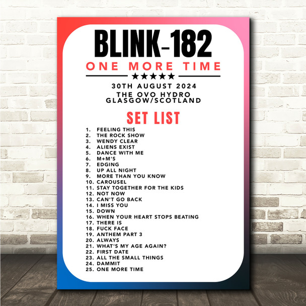 Blink-182 - Concert Setlist Gig Poster Print Canvas Retro Blue - The OVO Hydro Glasgow Scotland - Aug 30th 2024