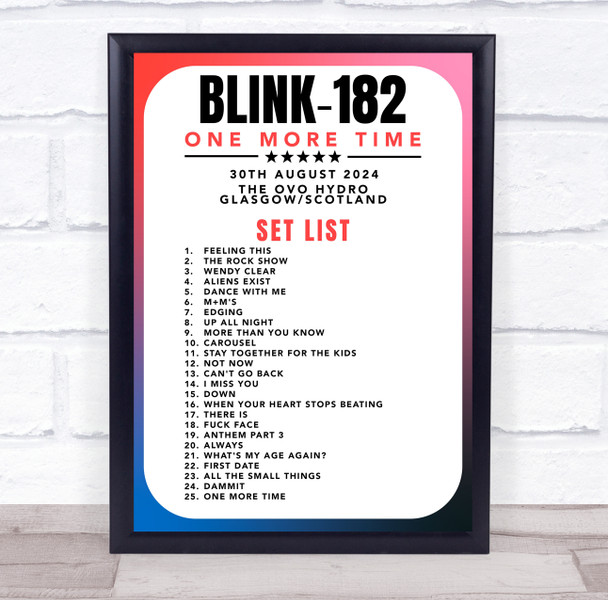 Blink-182 - Concert Setlist Gig Poster Print Canvas Retro Blue - The OVO Hydro Glasgow Scotland - Aug 30th 2024