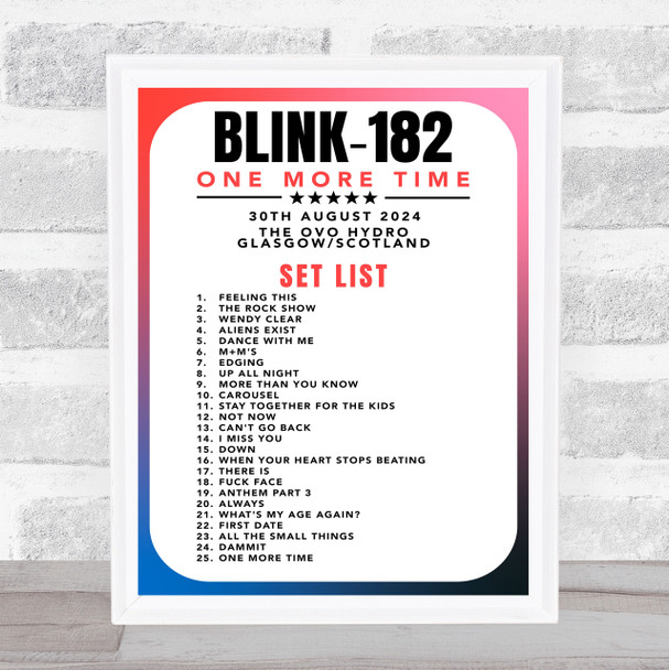 Blink-182 - Concert Setlist Gig Poster Print Canvas Retro Blue - The OVO Hydro Glasgow Scotland - Aug 30th 2024