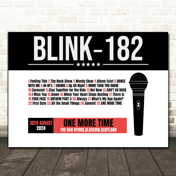 Blink-182 - Concert Setlist Gig Poster Print Canvas Black Red Mic - The OVO Hydro Glasgow Scotland - Aug 30th 2024