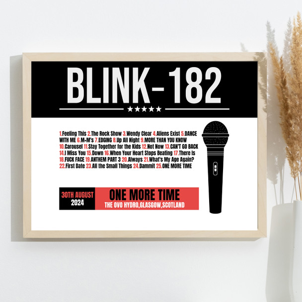 Blink-182 - Concert Setlist Gig Poster Print Canvas Black Red Mic - The OVO Hydro Glasgow Scotland - Aug 30th 2024