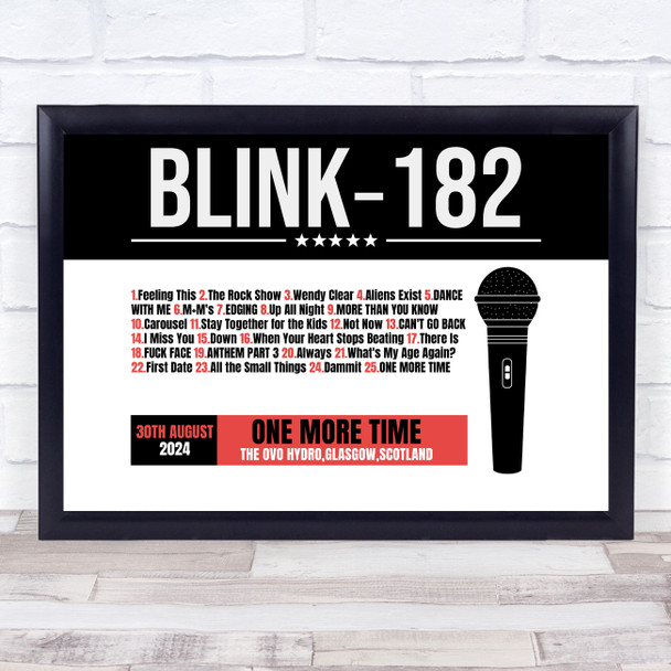 Blink-182 - Concert Setlist Gig Poster Print Canvas Black Red Mic - The OVO Hydro Glasgow Scotland - Aug 30th 2024