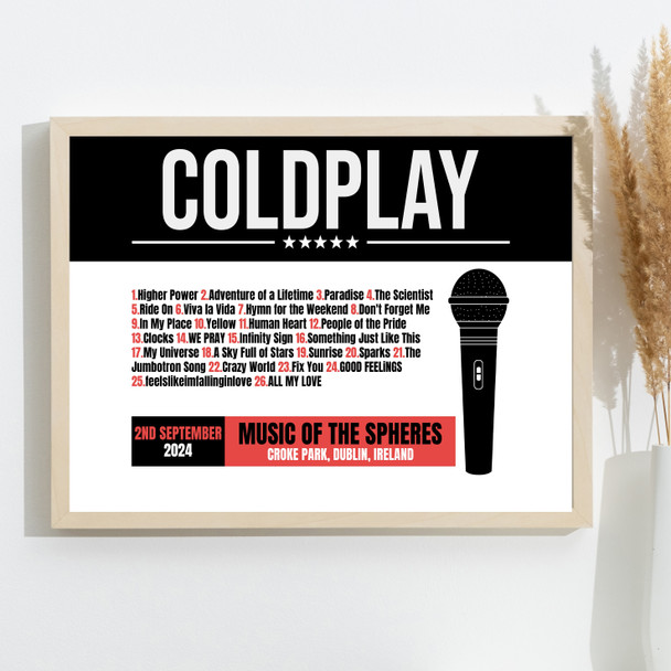 Coldplay - Concert Setlist Gig Poster Print Canvas Black Red Mic - Croke Park Dublin Ireland - Sept 2nd 2024