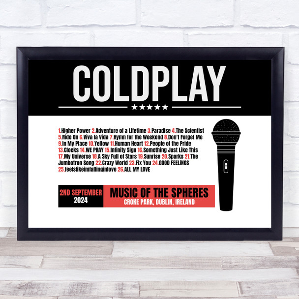 Coldplay - Concert Setlist Gig Poster Print Canvas Black Red Mic - Croke Park Dublin Ireland - Sept 2nd 2024