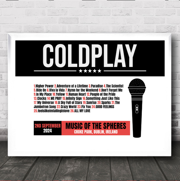 Coldplay - Concert Setlist Gig Poster Print Canvas Black Red Mic - Croke Park Dublin Ireland - Sept 2nd 2024