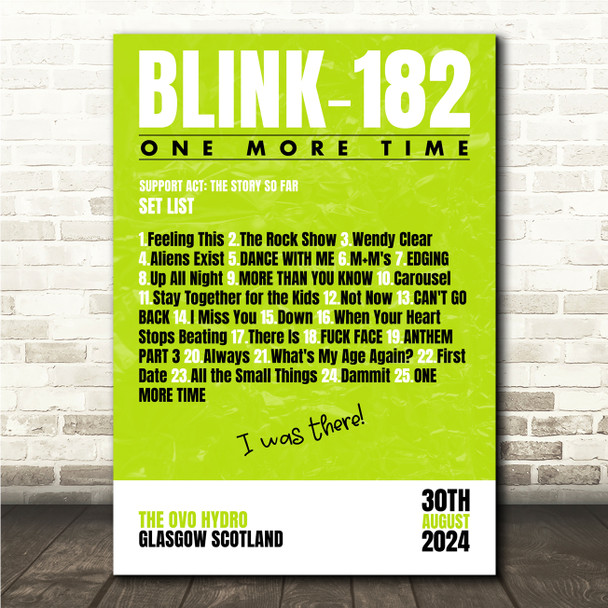 Blink-182 - Concert Setlist Gig Poster Print Canvas Bright Green - The OVO Hydro Glasgow Scotland - Aug 30th 2024