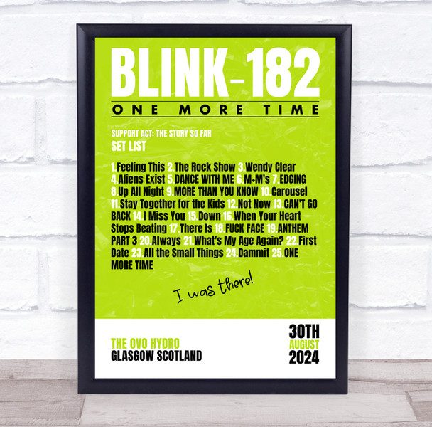 Blink-182 - Concert Setlist Gig Poster Print Canvas Bright Green - The OVO Hydro Glasgow Scotland - Aug 30th 2024