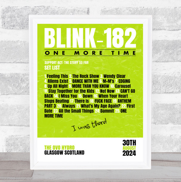Blink-182 - Concert Setlist Gig Poster Print Canvas Bright Green - The OVO Hydro Glasgow Scotland - Aug 30th 2024