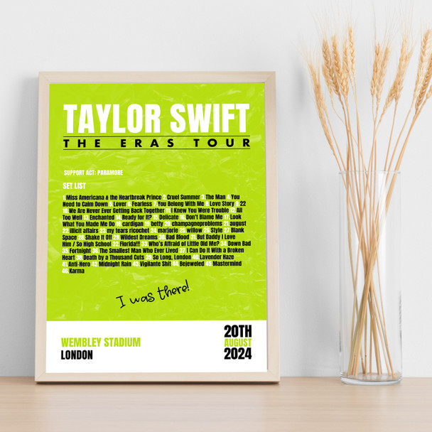 Taylor Swift - Concert Setlist Gig Poster Print Canvas Bright Green - Wembley London England - Aug 20 2024