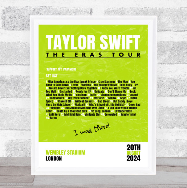 Taylor Swift - Concert Setlist Gig Poster Print Canvas Bright Green - Wembley London England - Aug 20 2024
