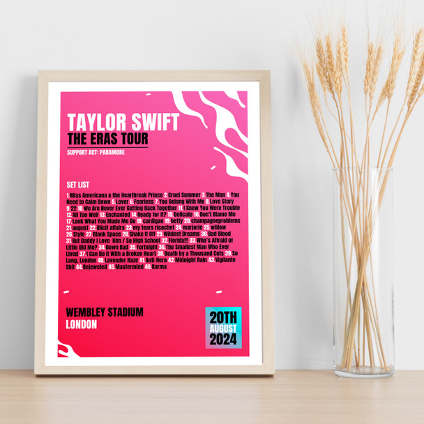 Taylor Swift - Concert Setlist Gig Poster Print Canvas Bright Pink - Wembley London England - Aug 20 2024