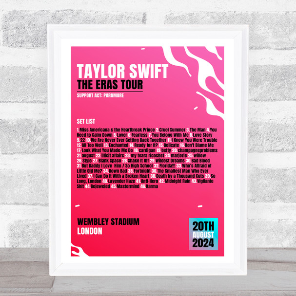 Taylor Swift - Concert Setlist Gig Poster Print Canvas Bright Pink - Wembley London England - Aug 20 2024