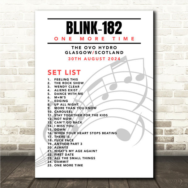 Blink-182 - Concert Setlist Gig Poster Print Canvas Music Notes - The OVO Hydro Glasgow Scotland - Aug 30th 2024