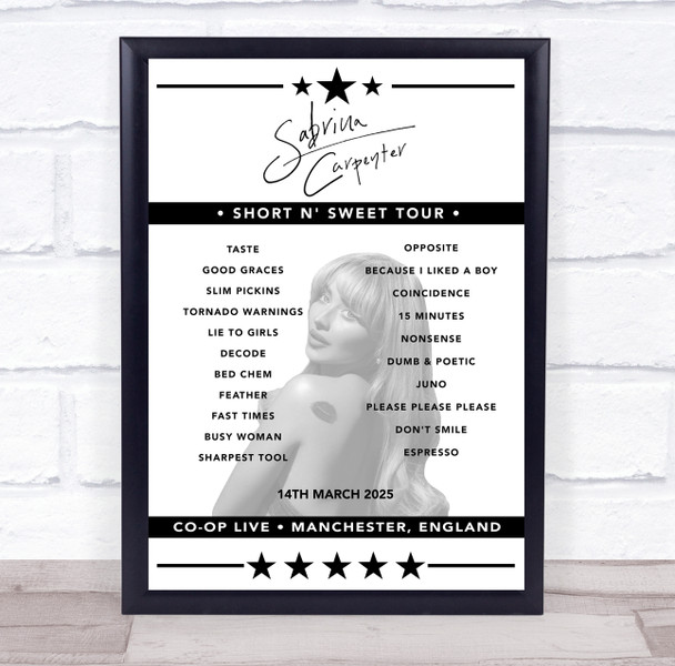 Sabrina Carpenter - Concert Setlist Poster Print Canvas - Co-op Live, Manchester, England - March 14th 2025