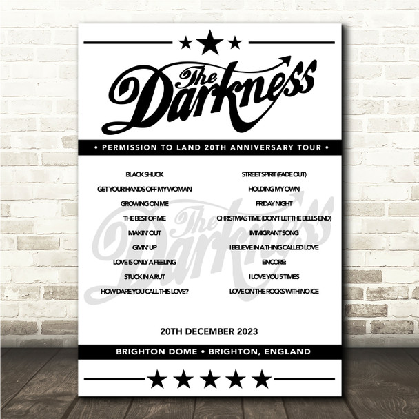 The Darkness - Concert Setlist Poster Print Canvas - Brighton Dome, Brighton, England - 20th December 2023