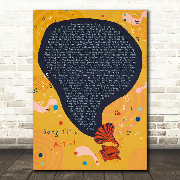Yellow Retro Funky Gramophone Any Song Lyric Personalised Music Wall Art Print