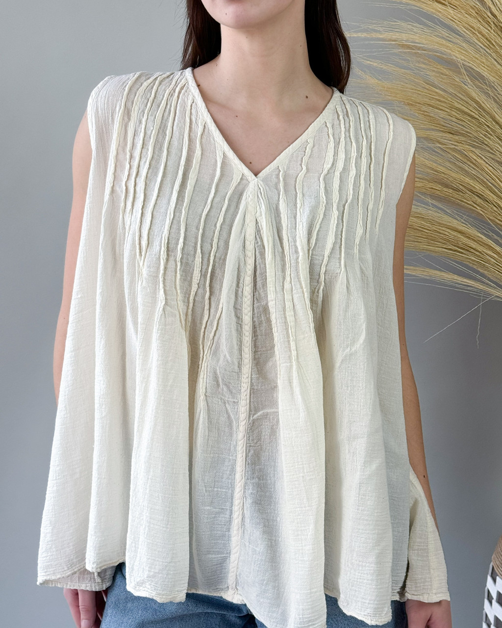 Pleated V-Neck Gauze Top - Banyan Tree