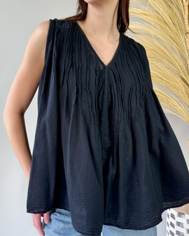 Pleated V-Neck Gauze Top