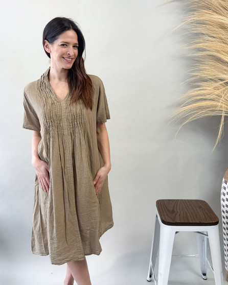 Pleated V-Neck Dress
