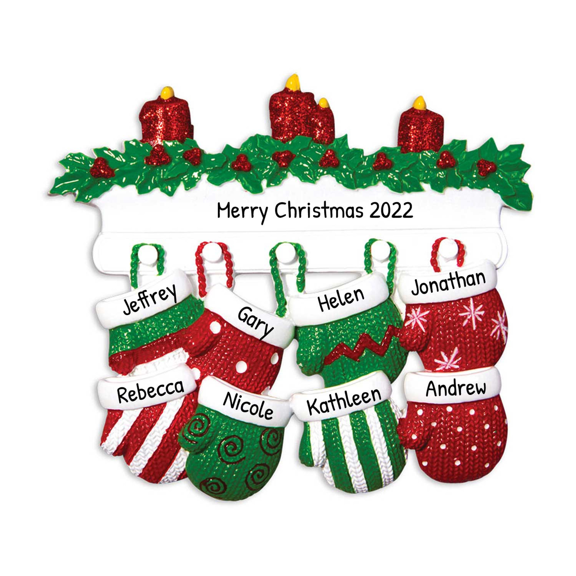 Personalized Family of 8 Hanging Mittens Christmas Ornament