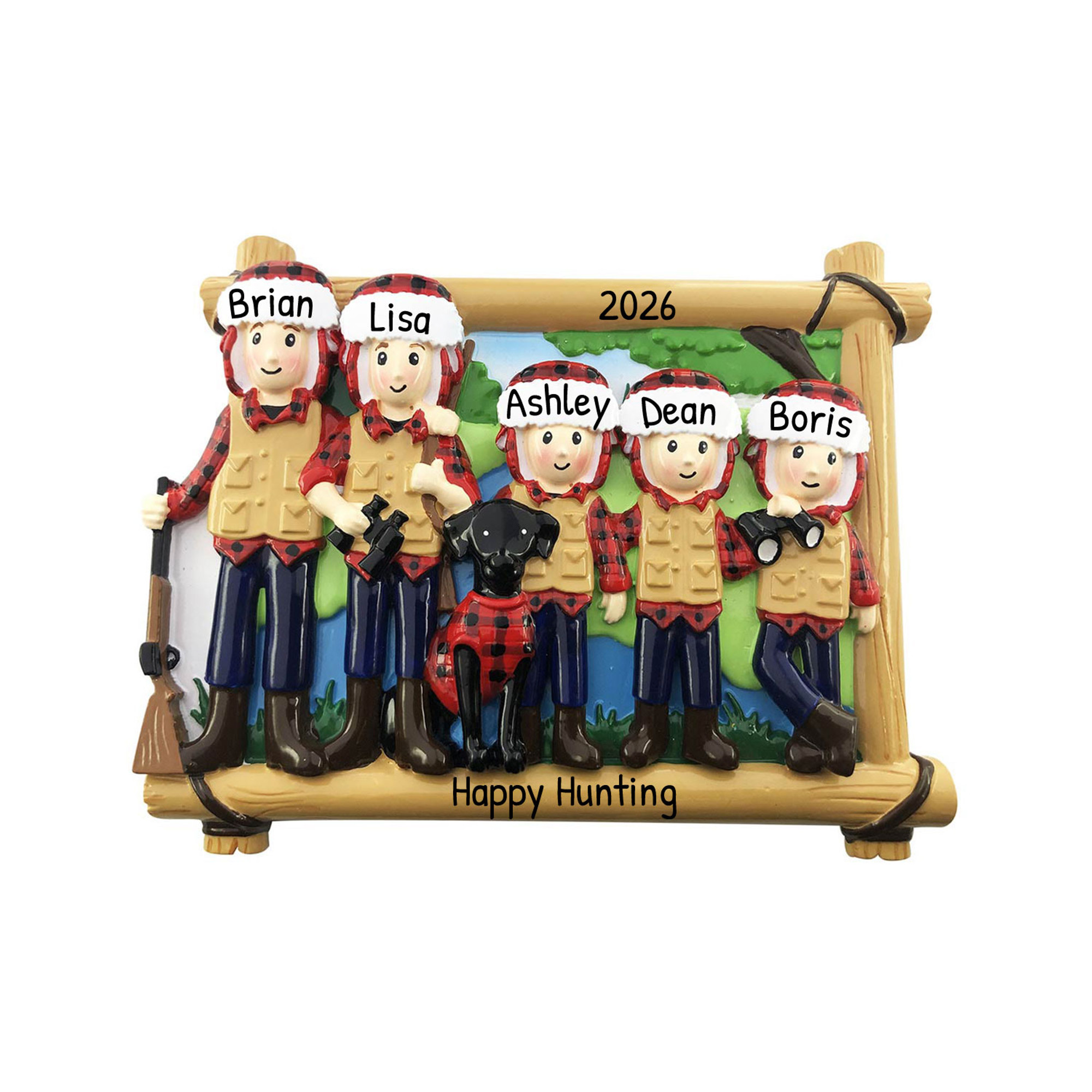 Personalized Hunting Family of 5 with Dog Christmas Ornament