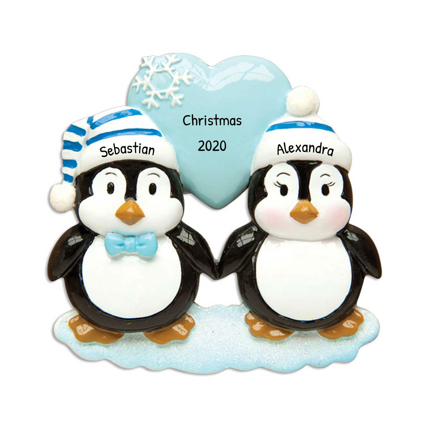 Personalized Christmas Penguin Couple Blue Heart Ornament
