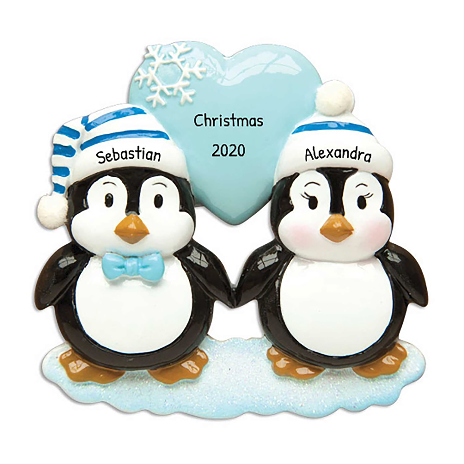 Personalized Christmas Penguin Couple Blue Heart Ornament
