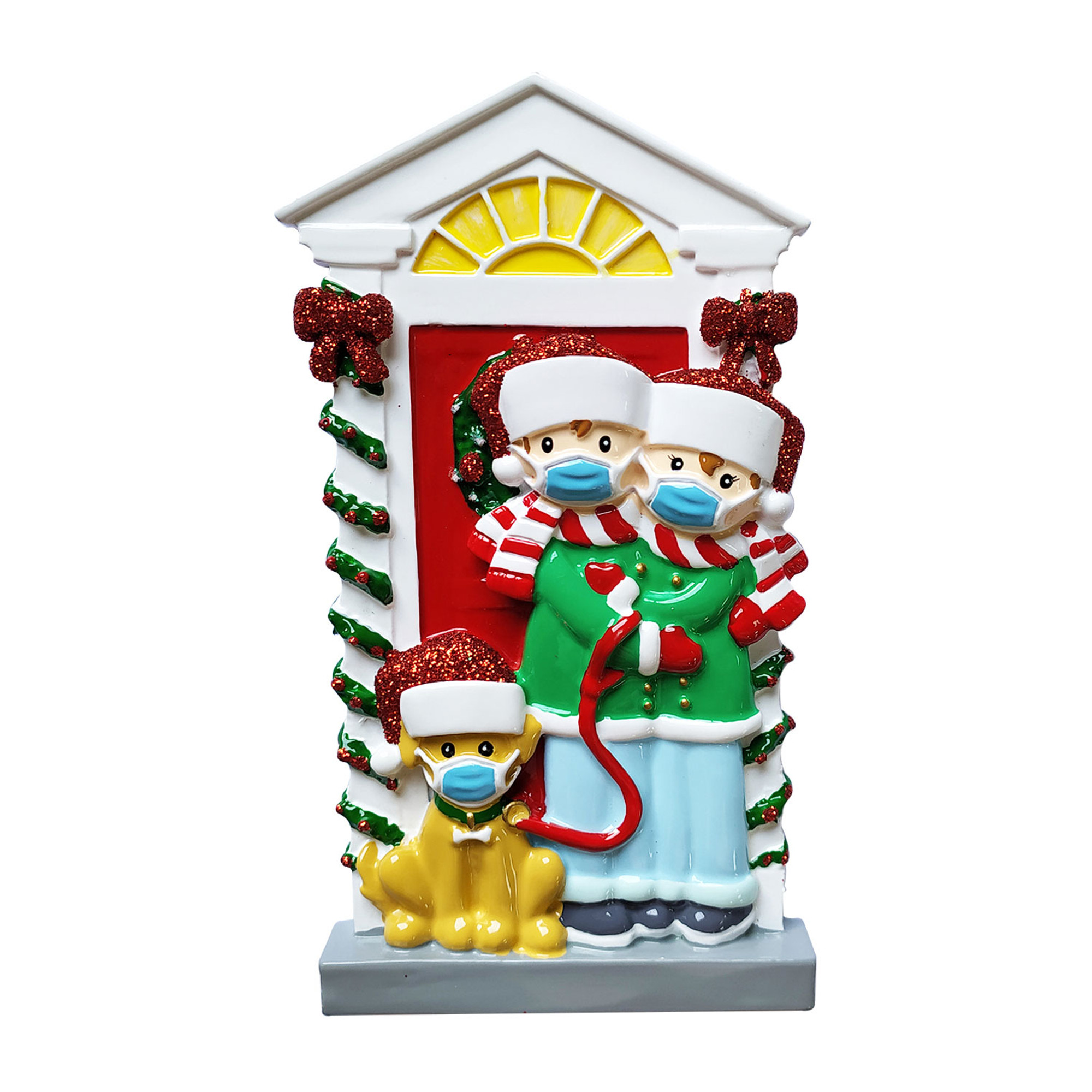 Personalized Masked Couple with Pet Dog Christmas Ornament