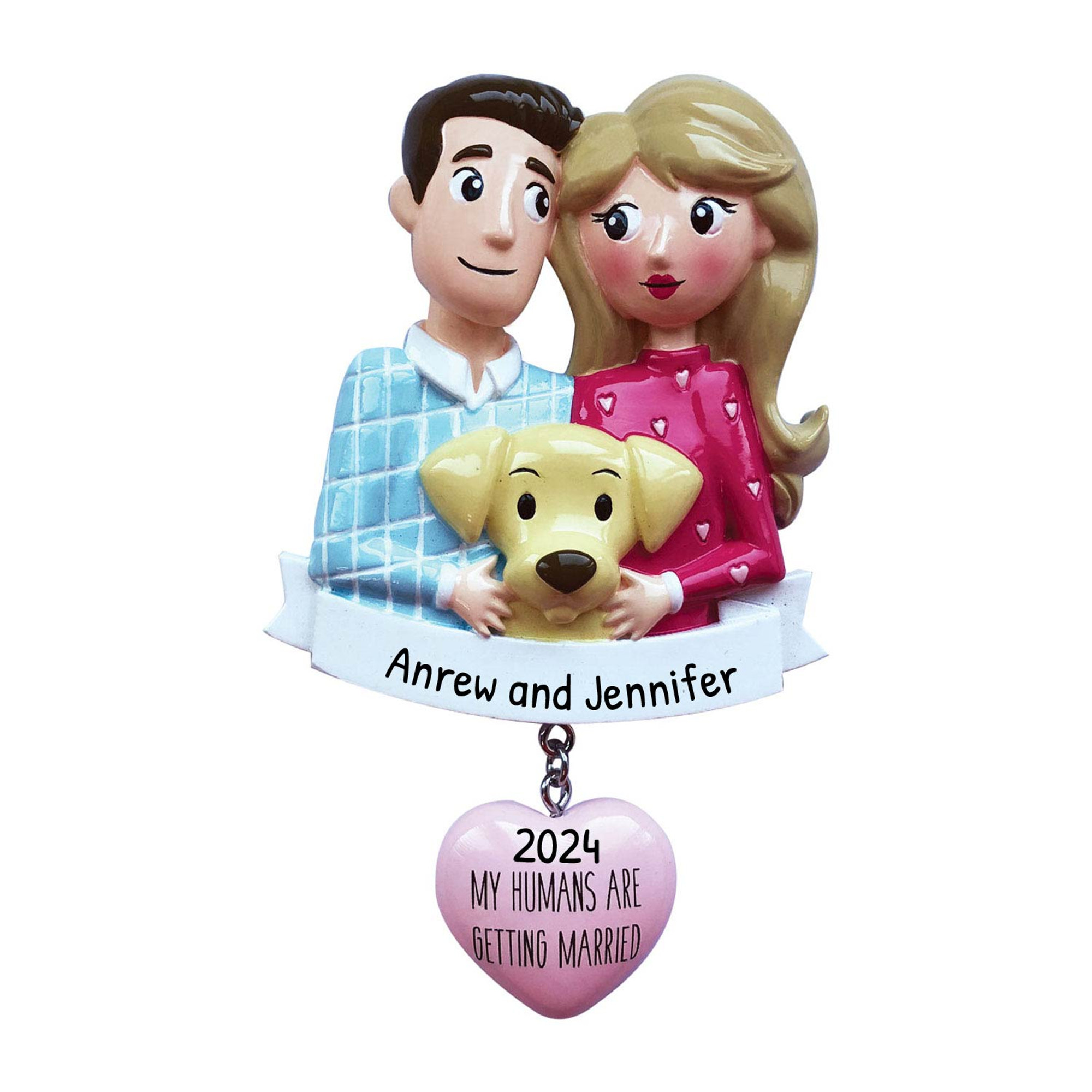 Personalized Engaged Couple with Pet Dog Christmas Ornament