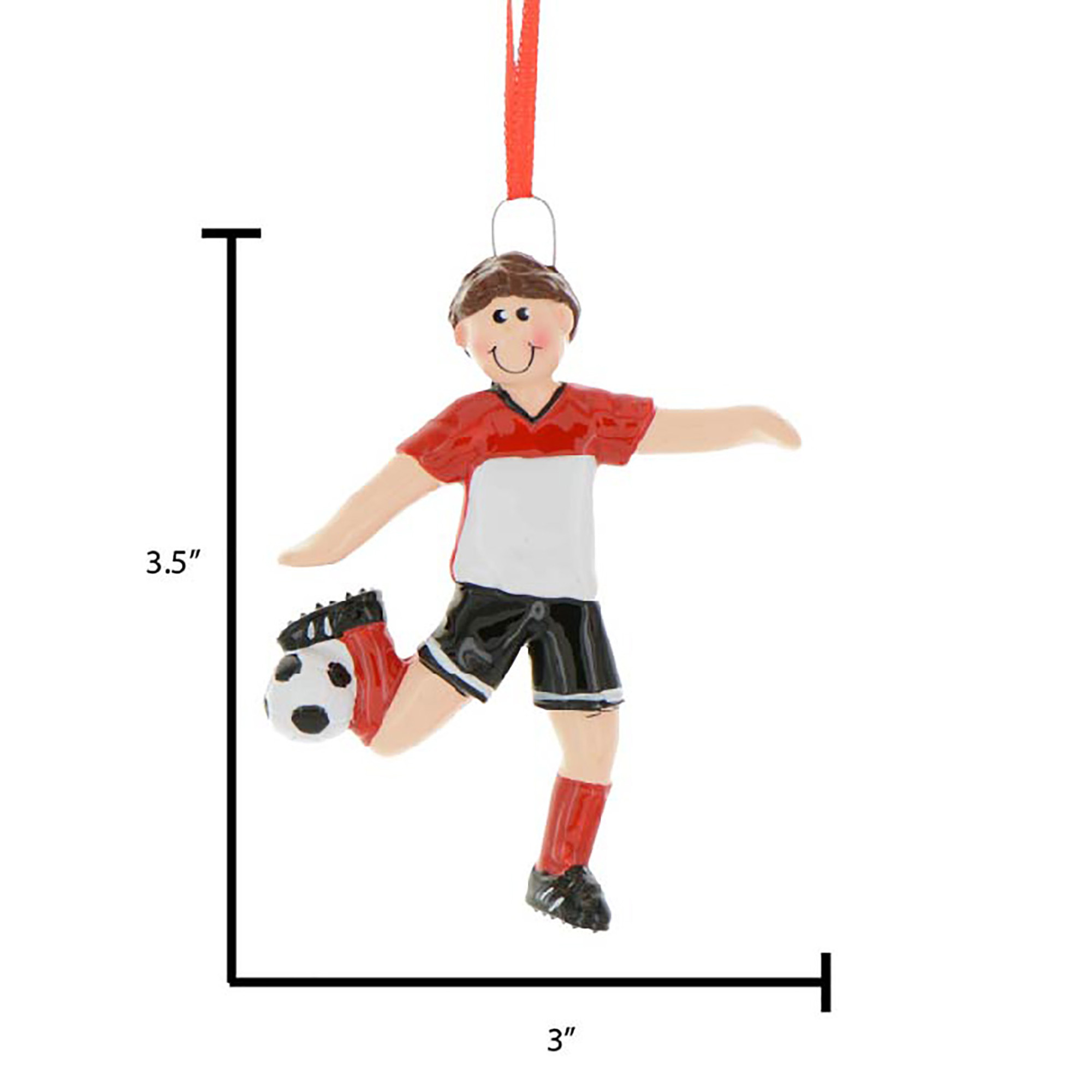 Personalized Brunette Boy in Red Ball Kick Soccer Ornament