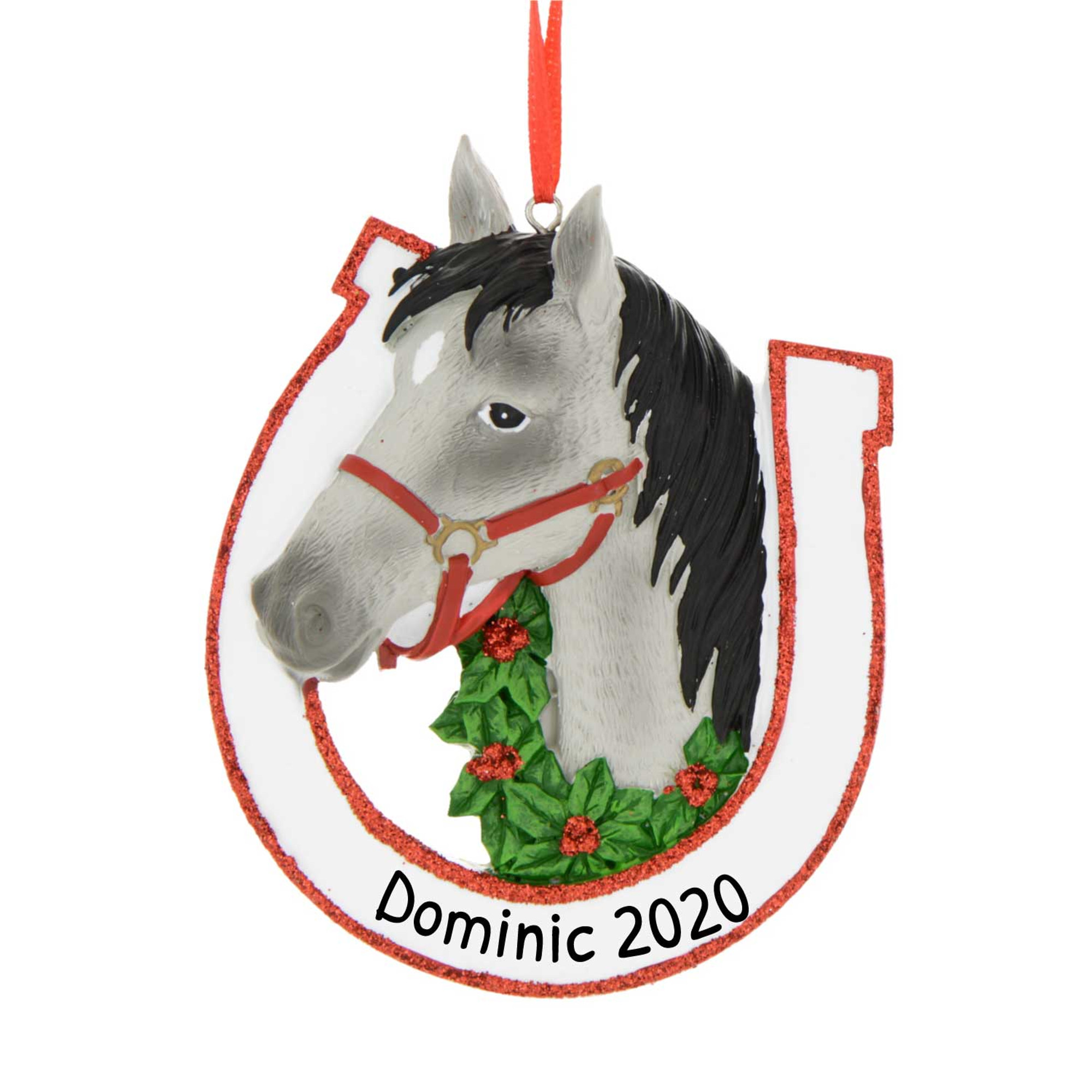 Personalized Equestrian Ornament Grey Horse with Wreath