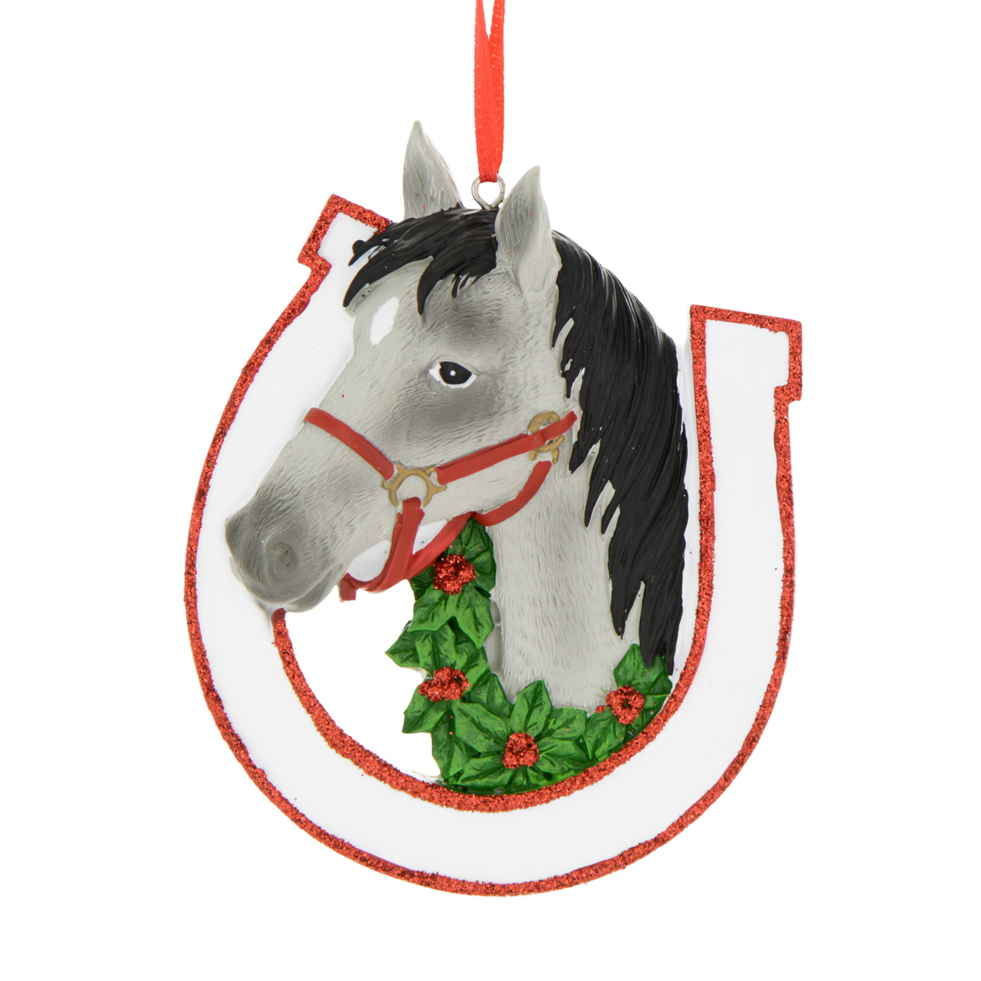 Personalized Equestrian Ornament Grey Horse with Wreath