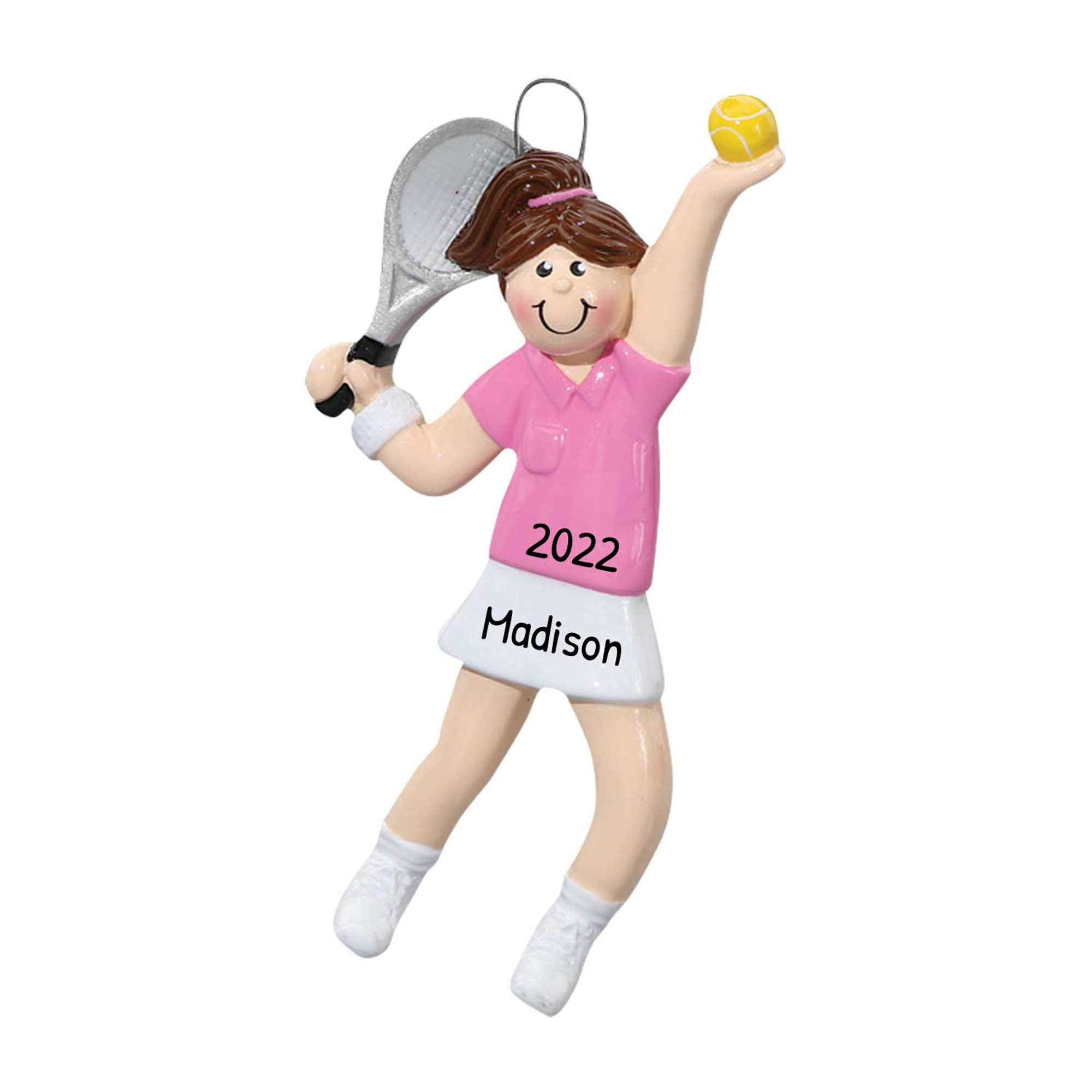 Personalized Tennis Player Ornament Brunette Female in Pink