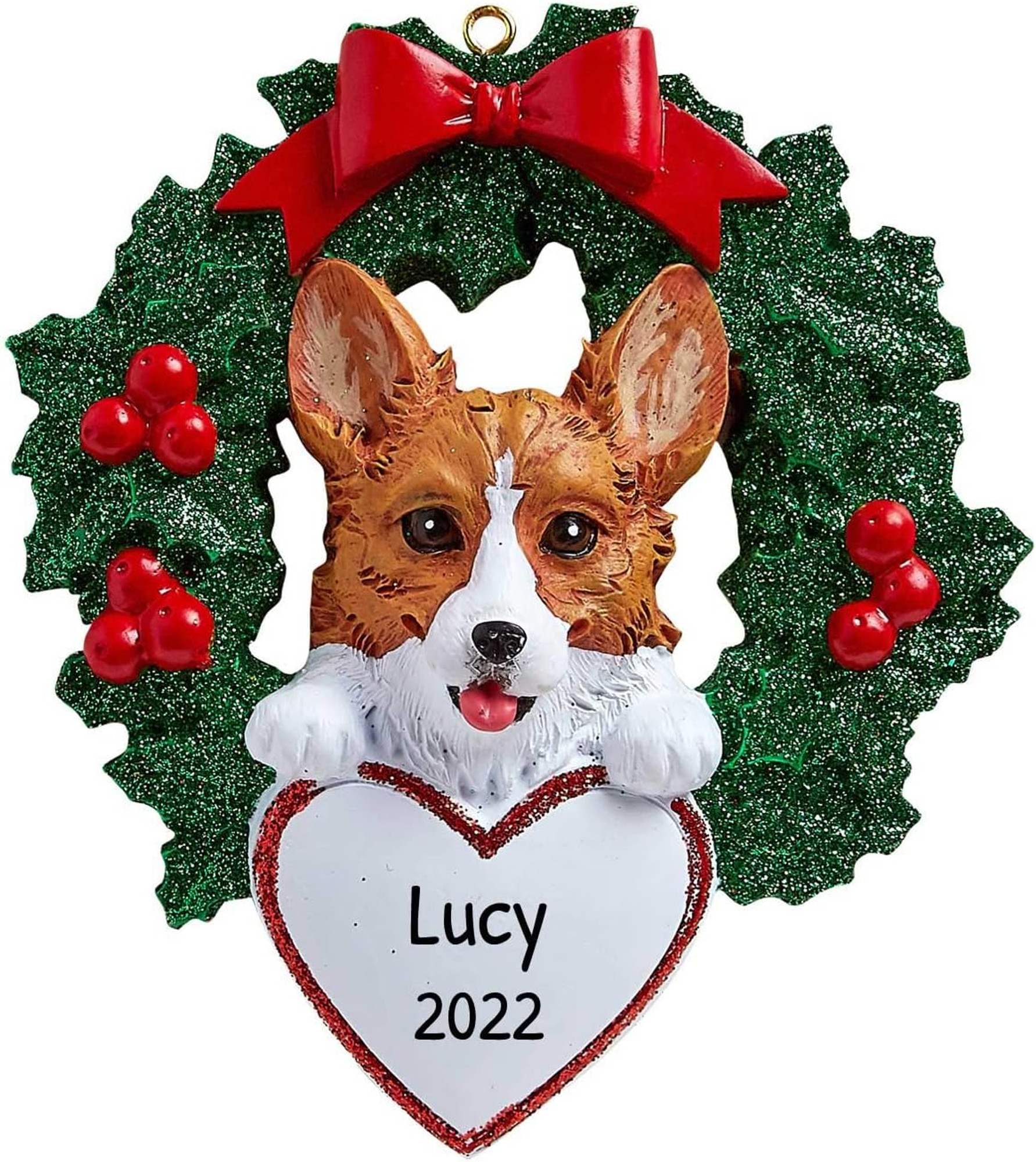 Personalized Corgi Christmas Wreath Heart Ornament