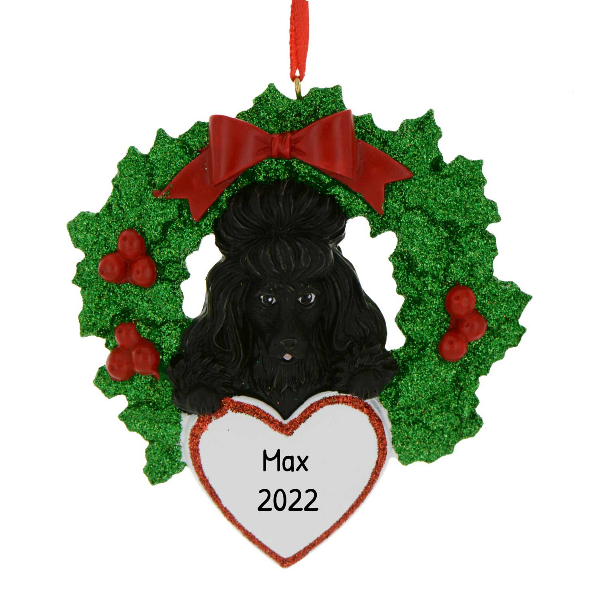 Personalized Black Poodle Christmas Wreath Heart Ornament