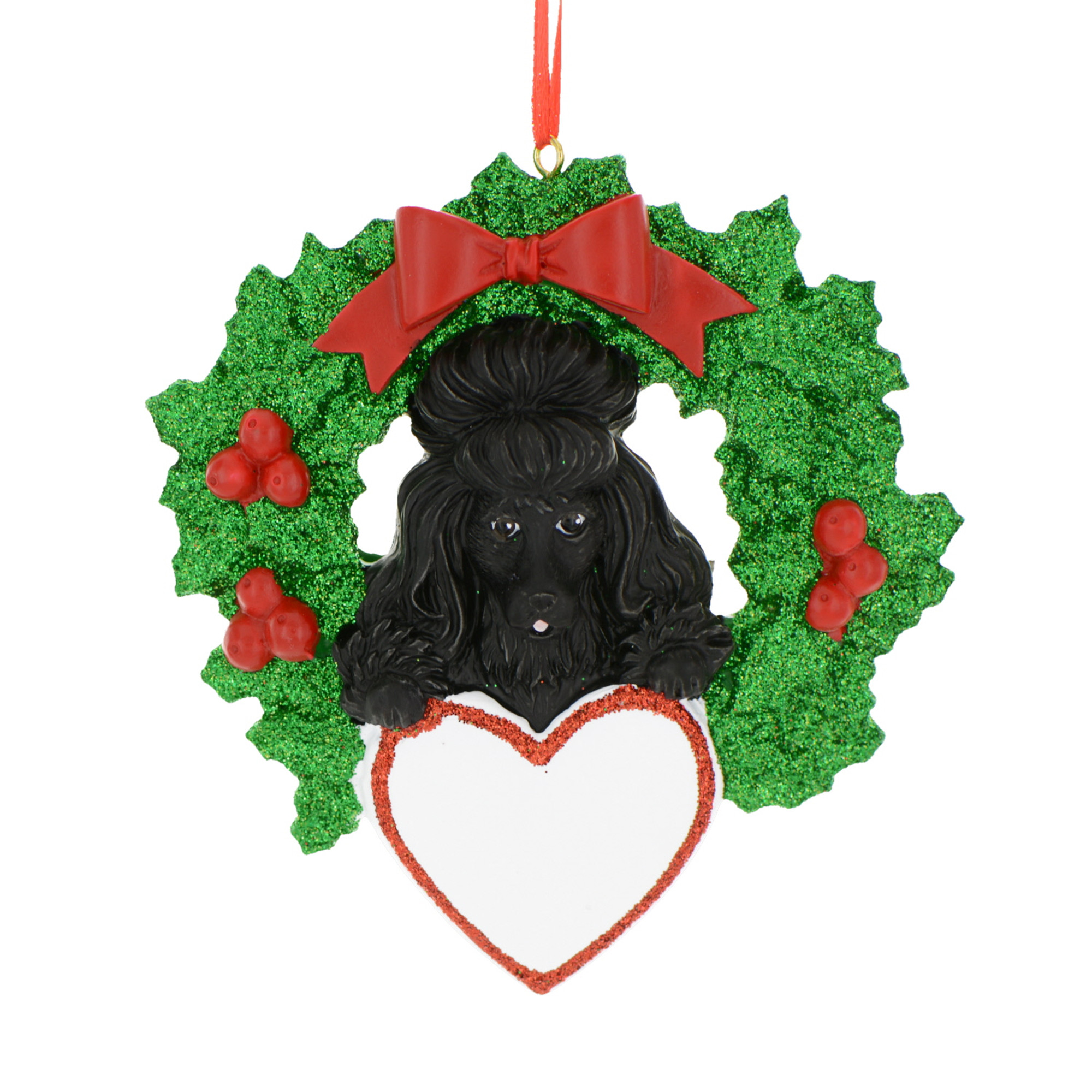 Personalized Black Poodle Christmas Wreath Heart Ornament