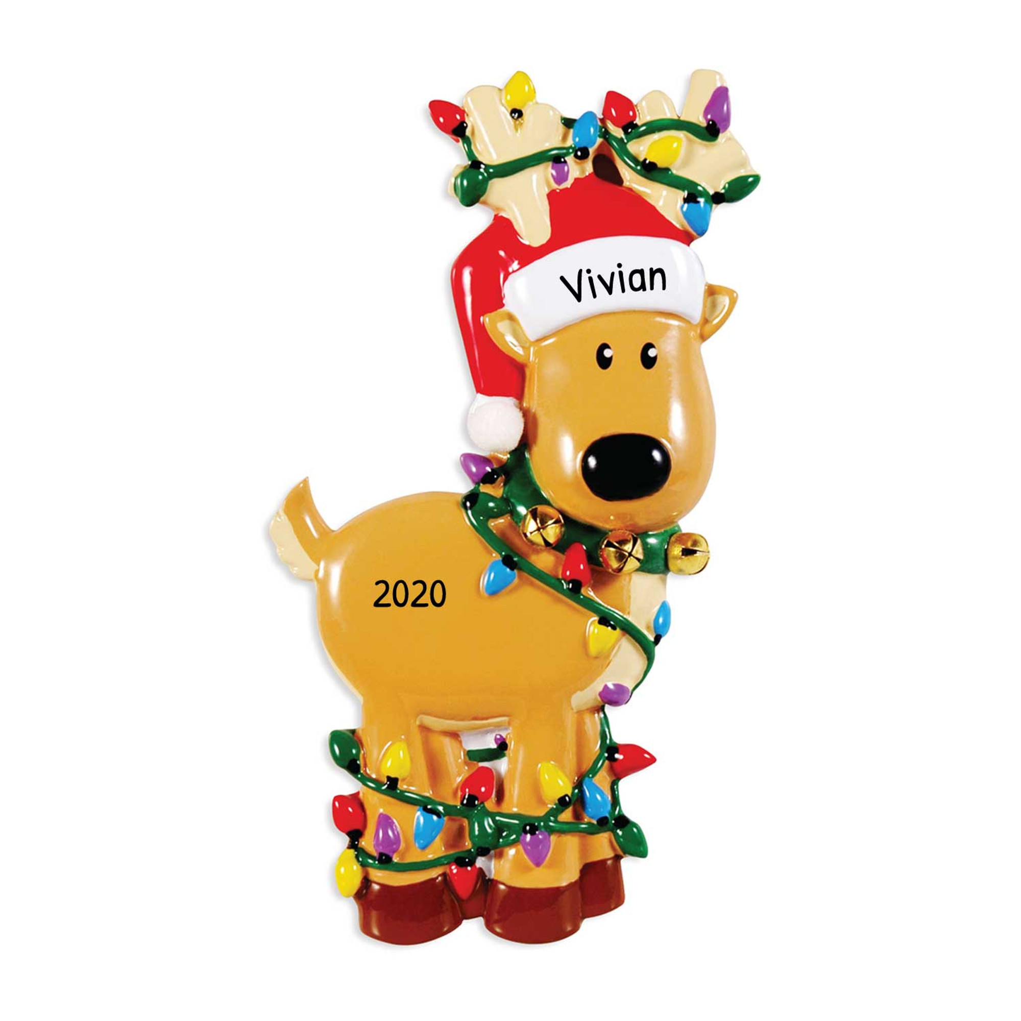 Personalized Reindeer Tangled in Christmas Lights Ornament