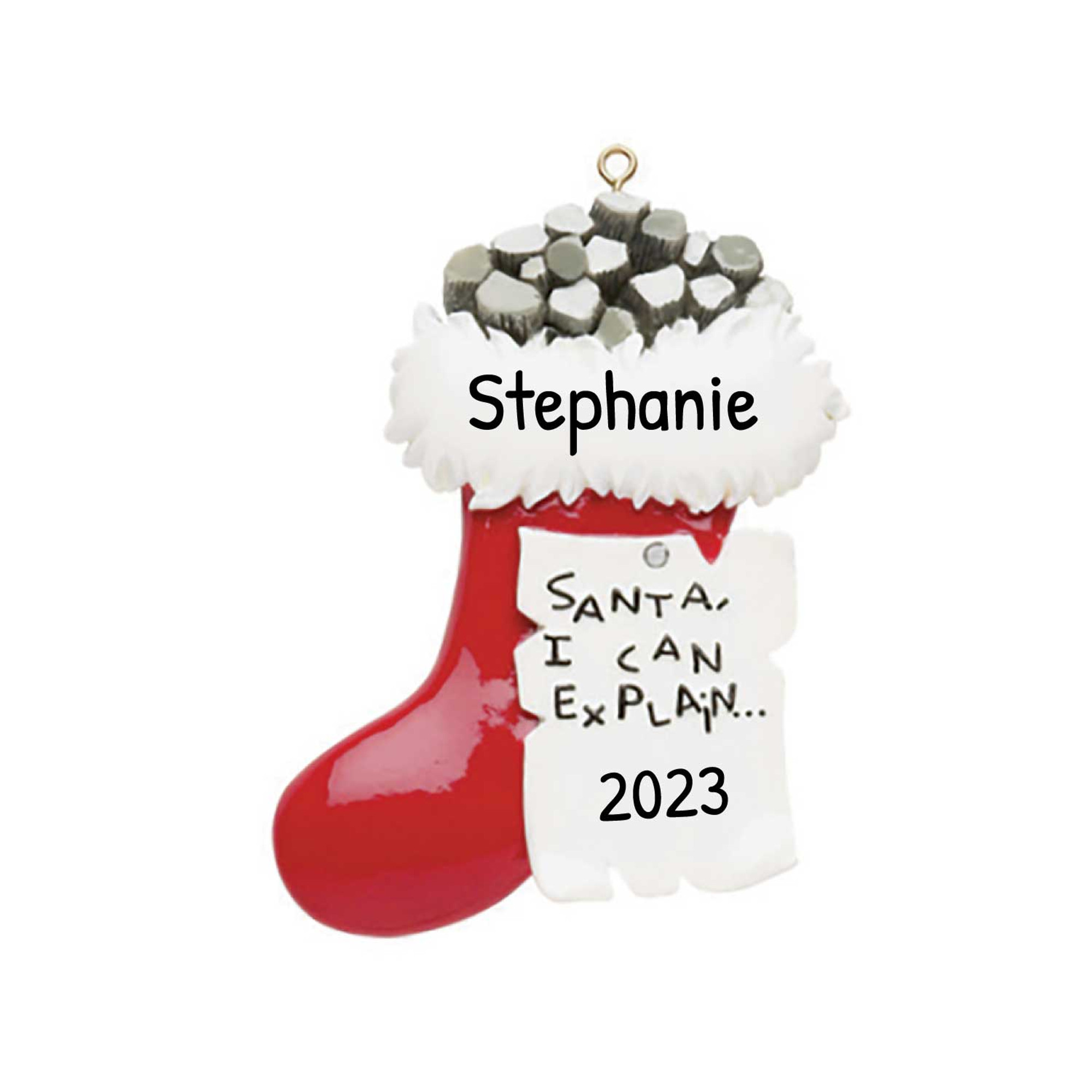 Personalized Christmas Stocking with Lump of Coal Ornament