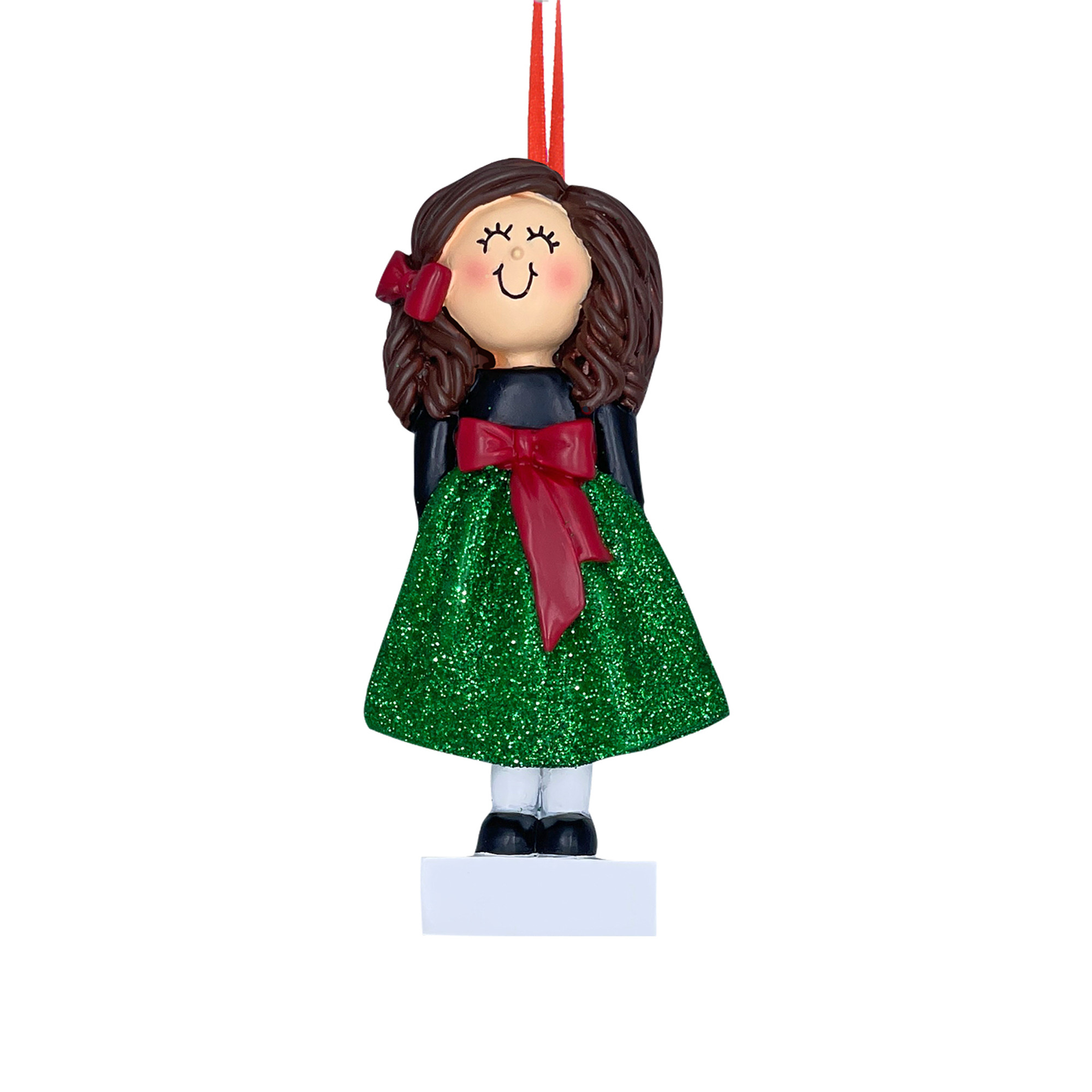 Personalized Brunette Girl in Holiday Dress Ornament