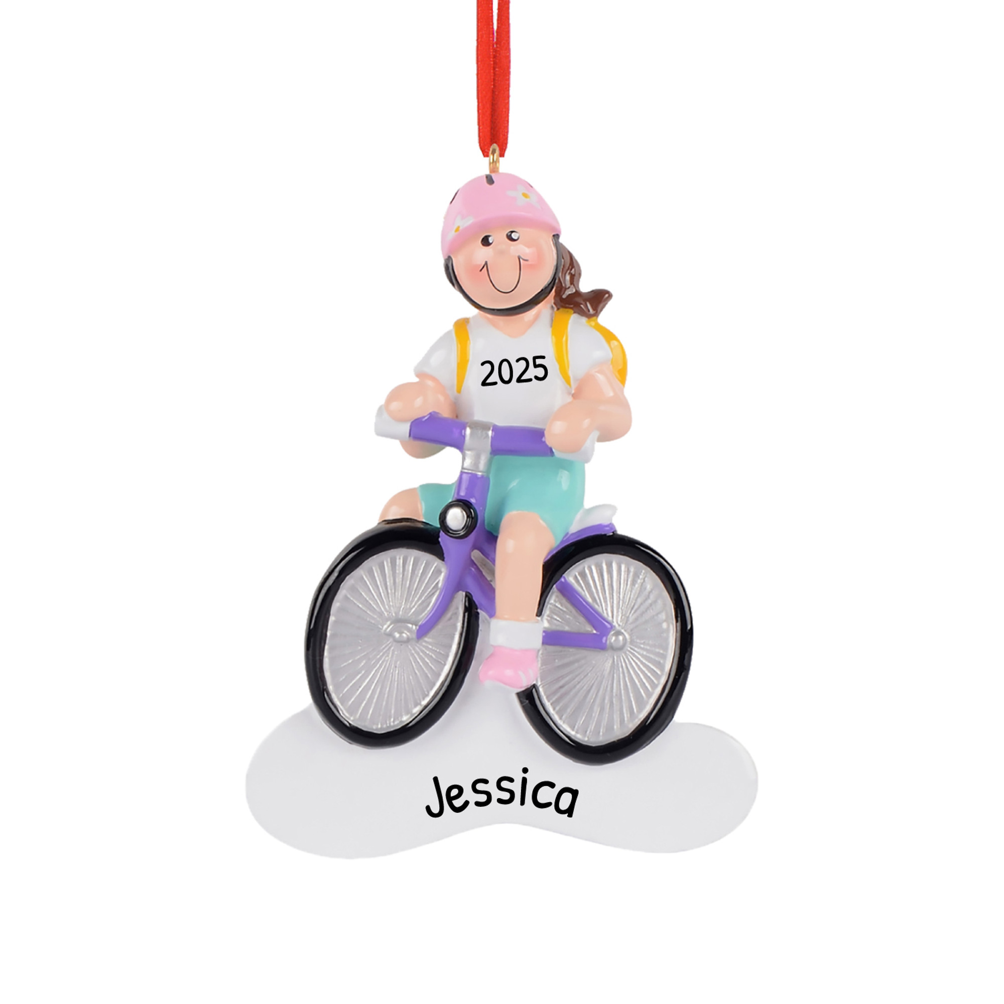 Personalized Brunette Girl Riding a Bike Ornament