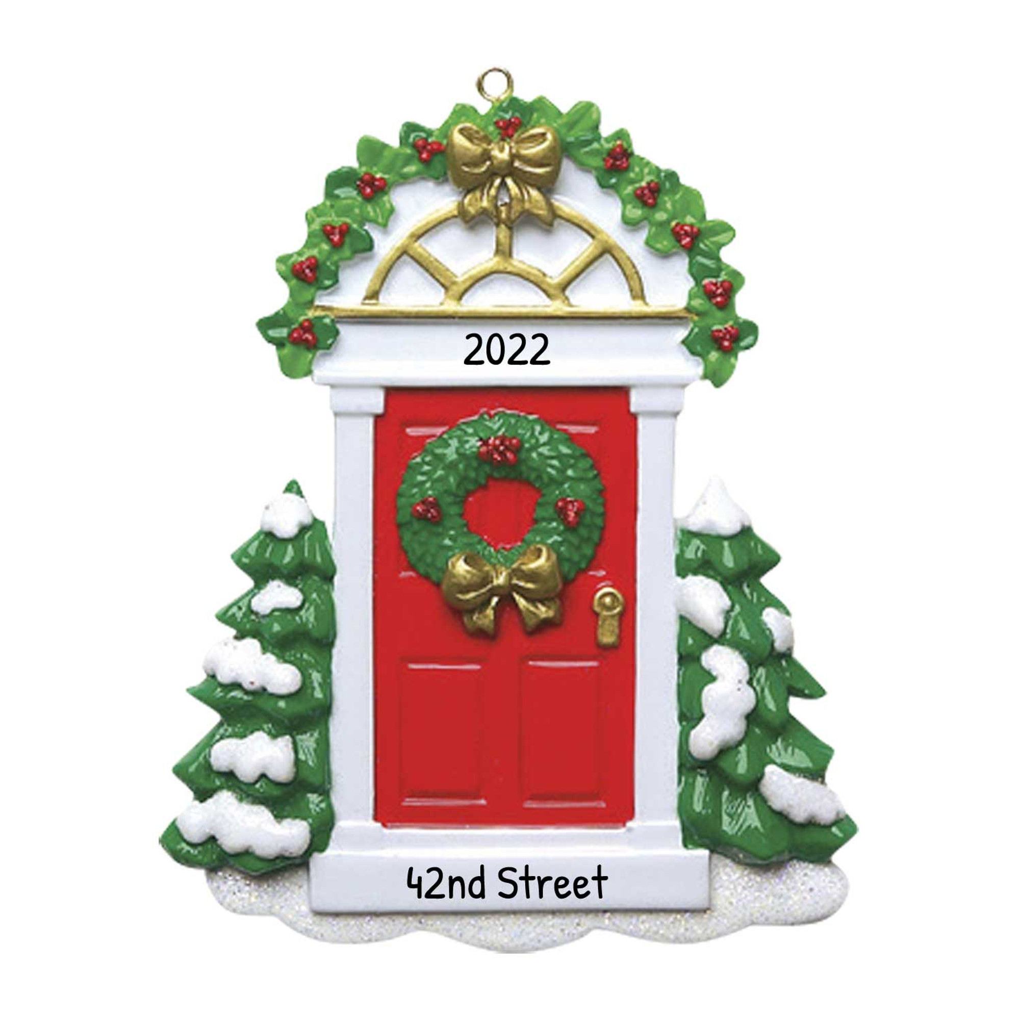 Personalized Red Door Snowy Trees Housewarming Ornament