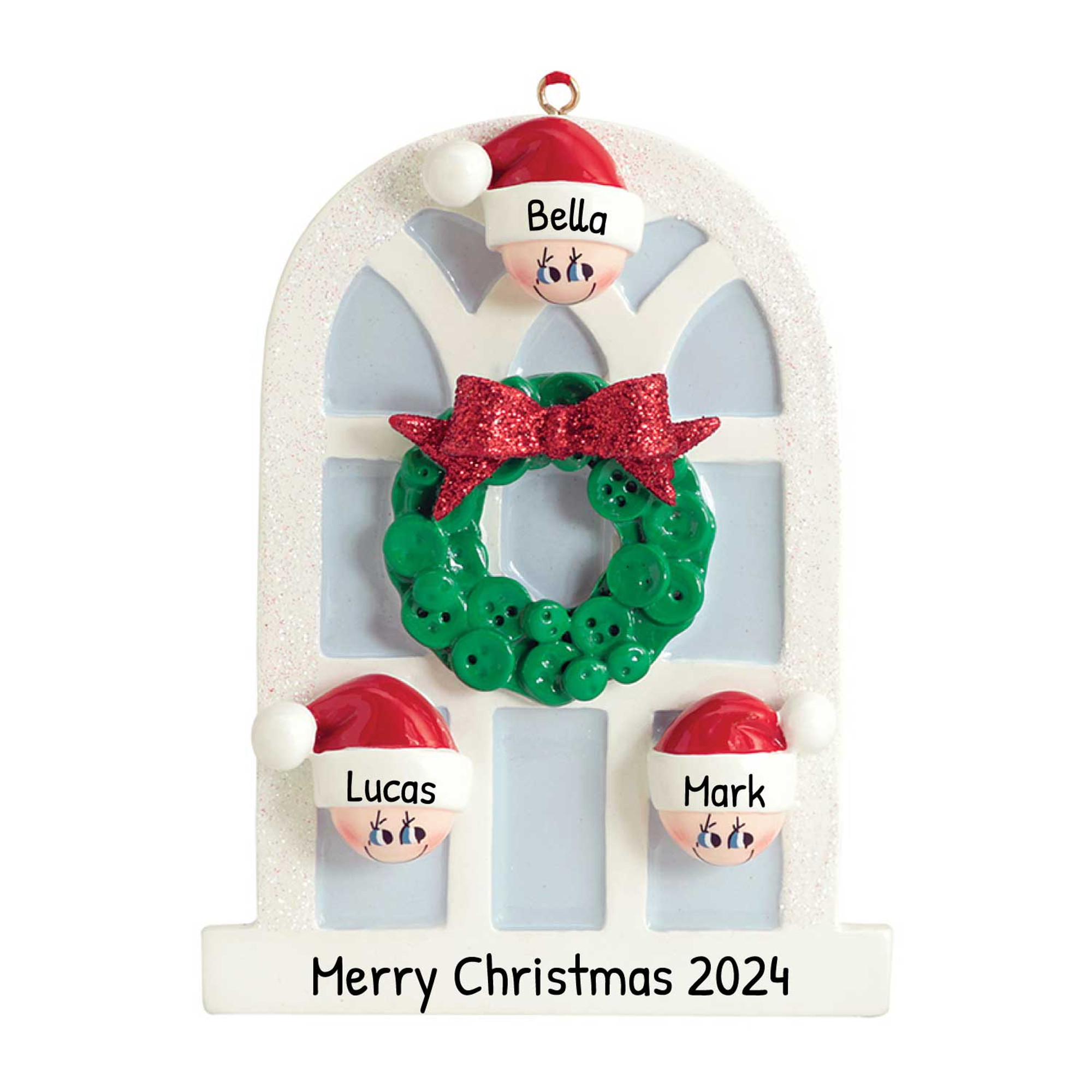 Personalized Family of 3 Christmas Window Wreath Ornament