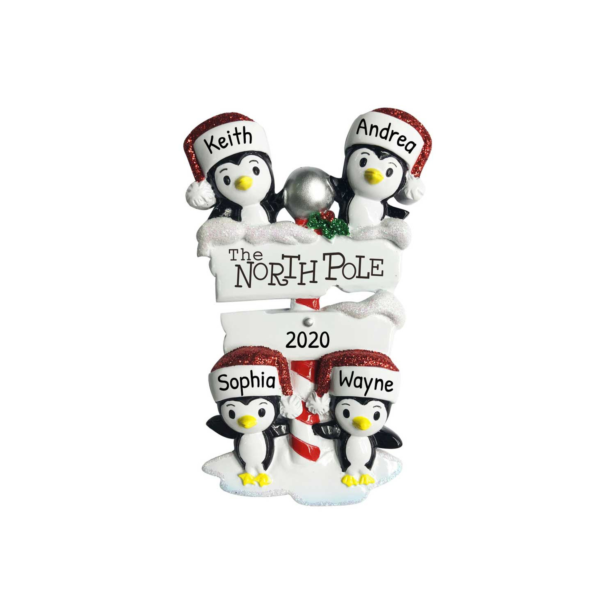 Personalized North Pole Family of 4 Penguin Ornament